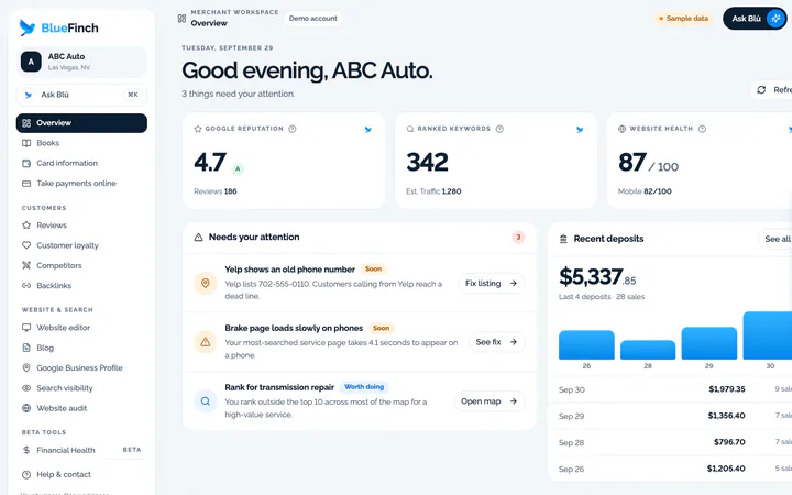 Existing BlueFinch merchant dashboard demonstration