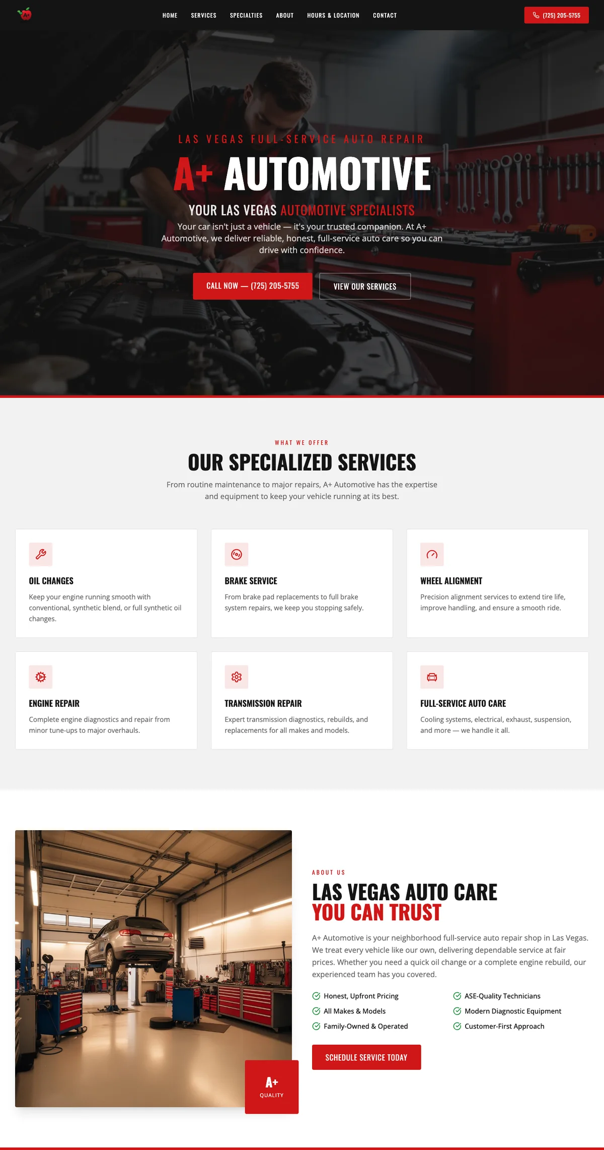 A+ Automotive’s BlueFinch-built auto repair website shown on a desktop
