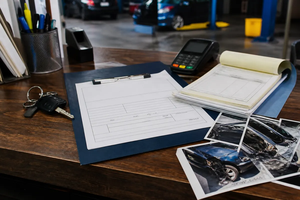 Body shop deposit, refund record, vehicle key, payment terminal, and repair photos