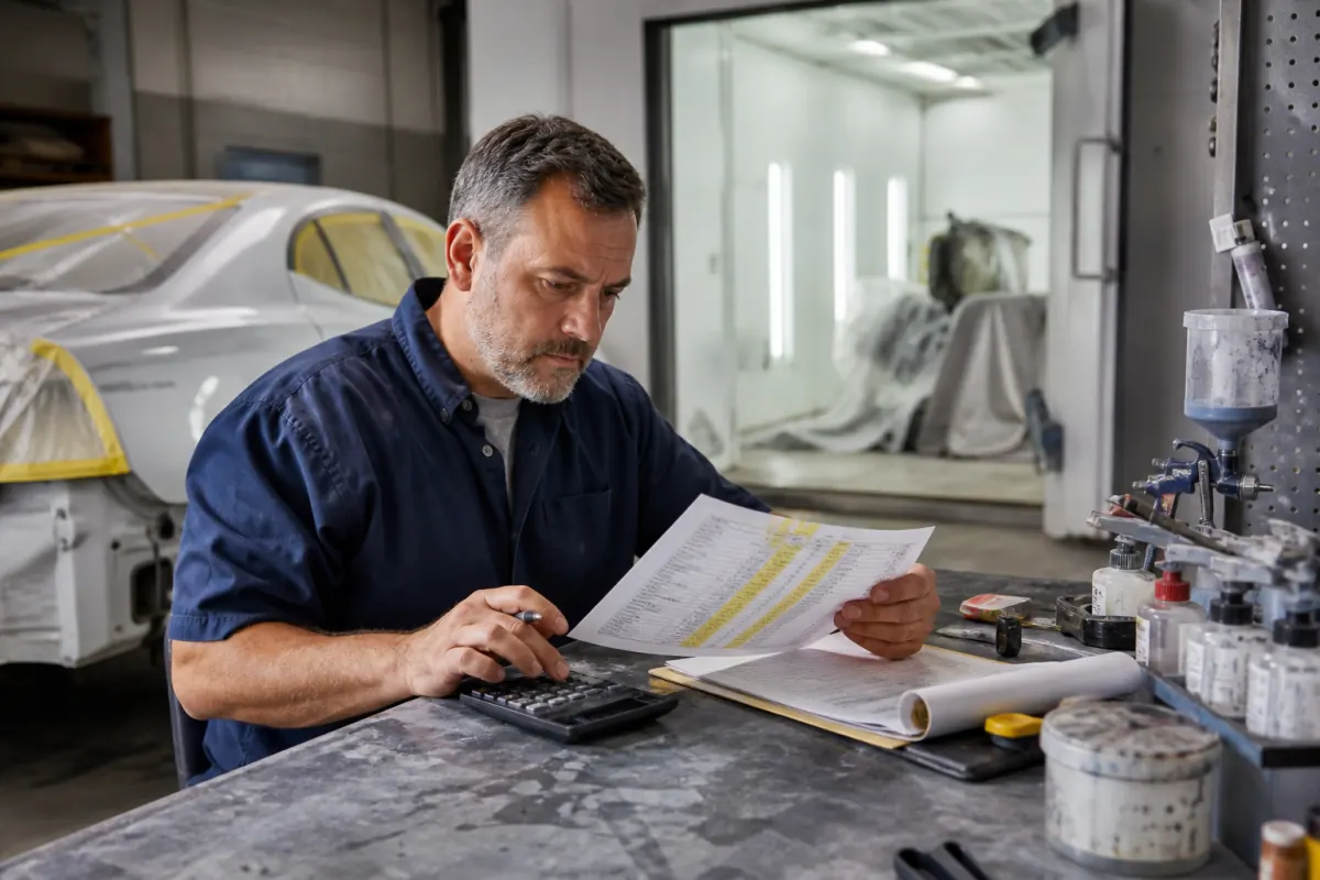 Body shop owner auditing statement fees with a calculator near a paint booth