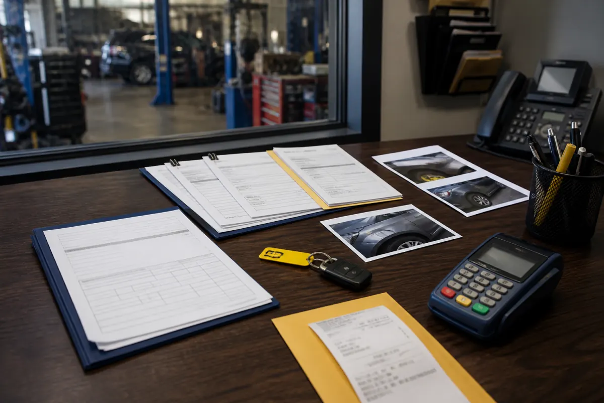 Repair order, vehicle photos, receipt, key tag, and authorization assembled for a dispute file