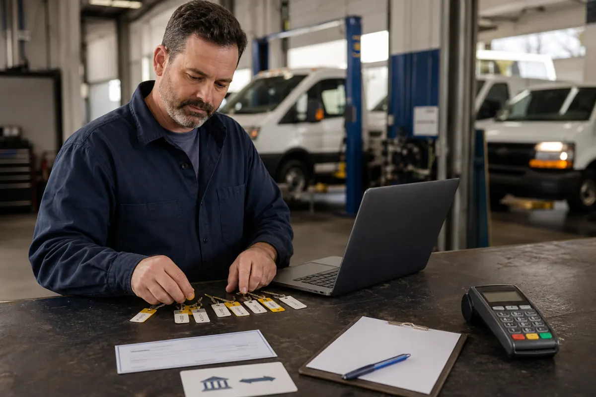 Fleet vehicle keys, invoice, bank transfer record, check, and payment terminal at a repair shop