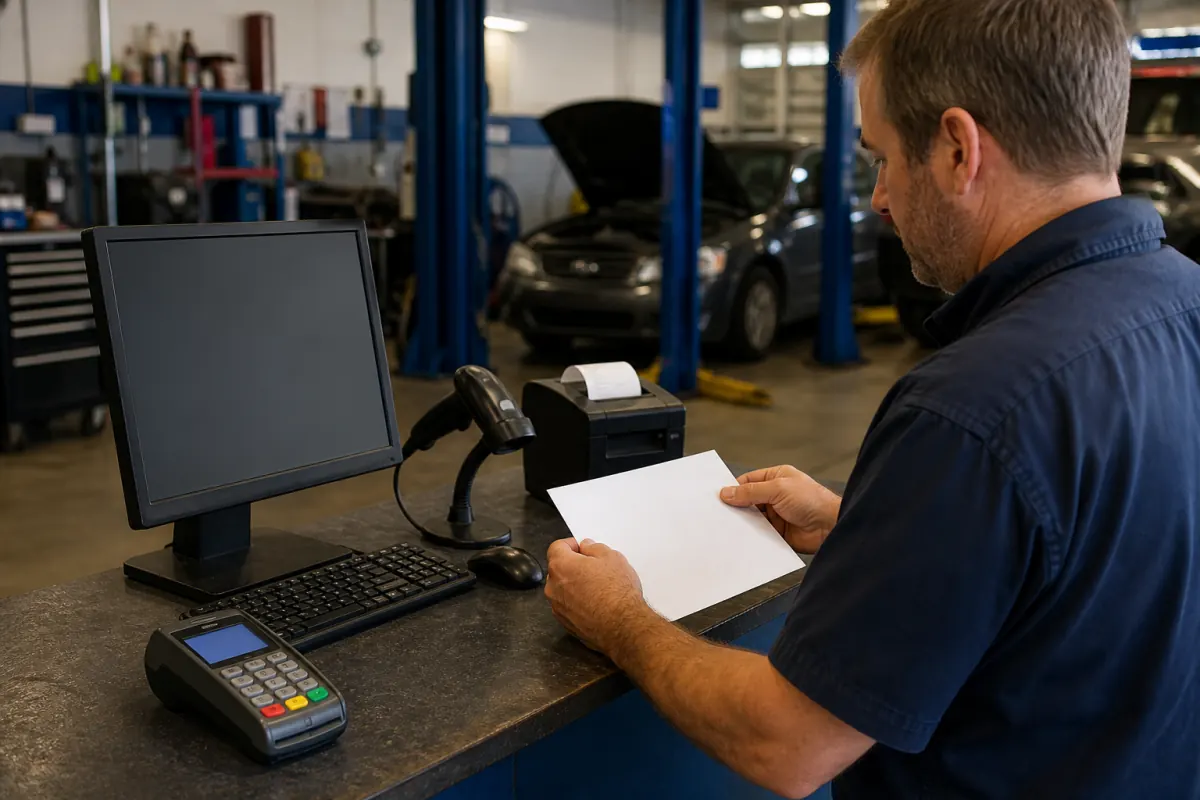 Repair shop payment terminal beside shop management software and a receipt printer