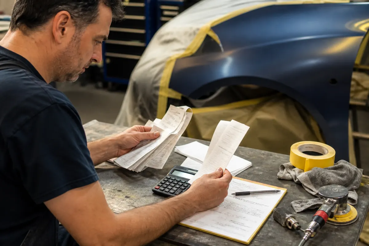 Body shop owner comparing paint, parts, and card costs beside a repaired panel