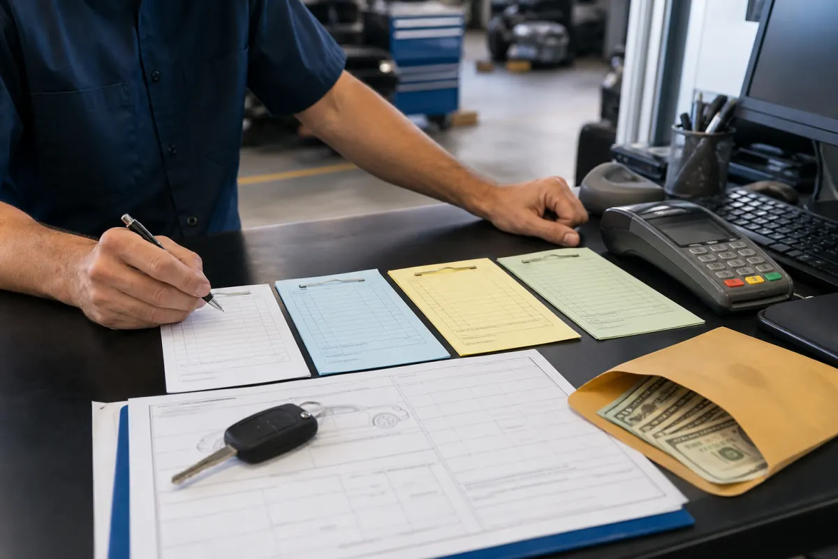 Body shop payment records separated into insurer, bank transfer, card, and cash channels