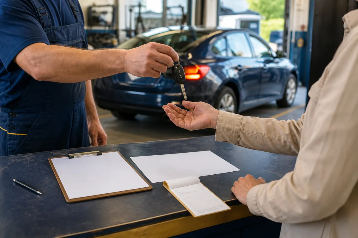Repaired vehicle key, final invoice, release form, and payment receipt at delivery