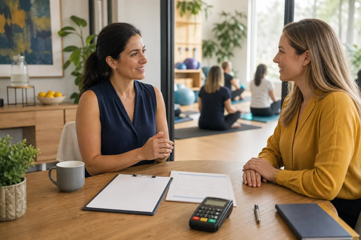 Wellness owner and employer representative comparing bank transfer and card payment