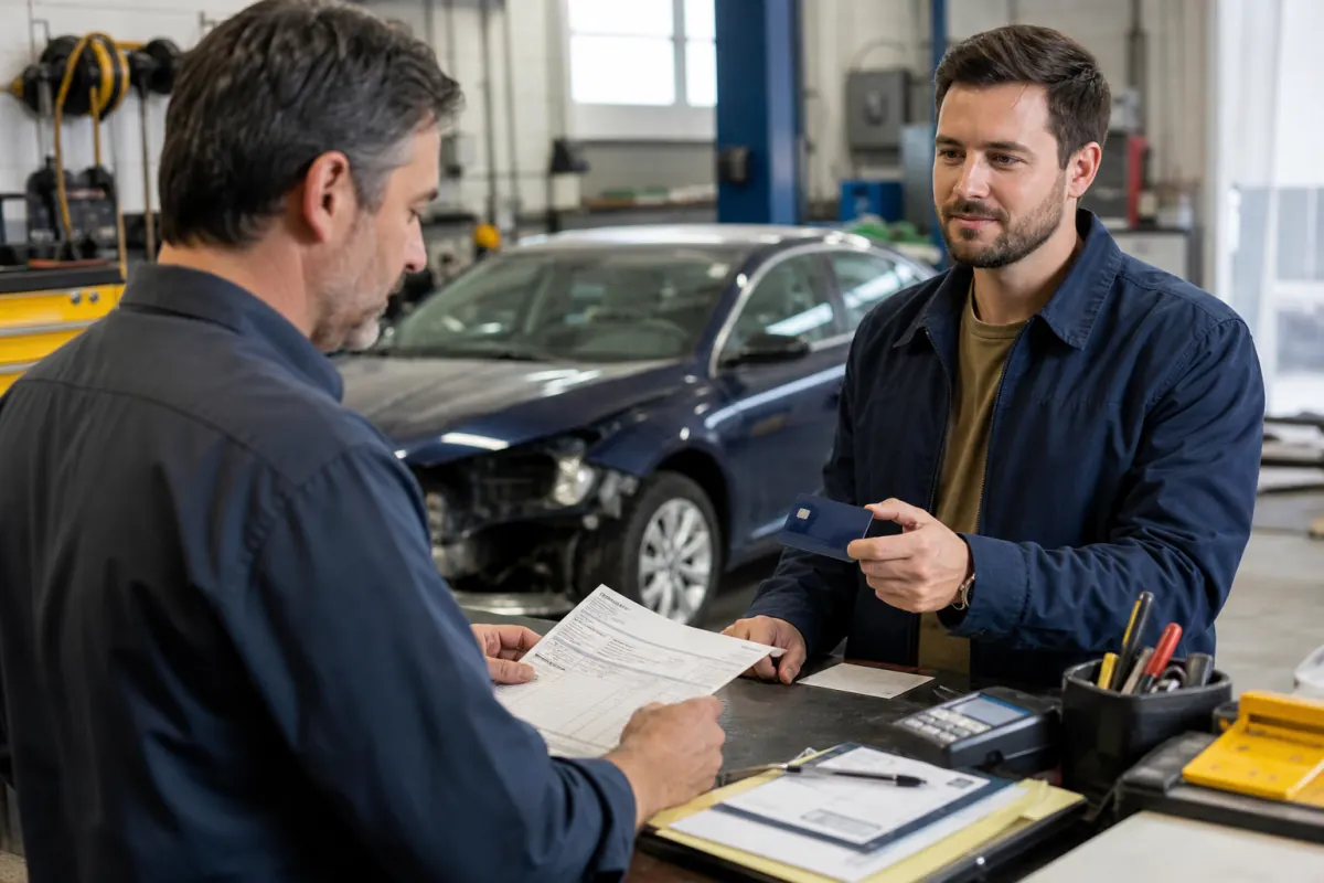 Customer presenting an unbranded rewards card for a large collision repair balance