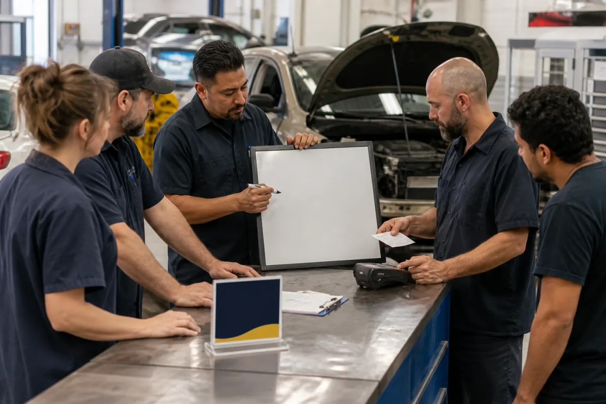 Auto body team testing counter payments during a launch morning huddle