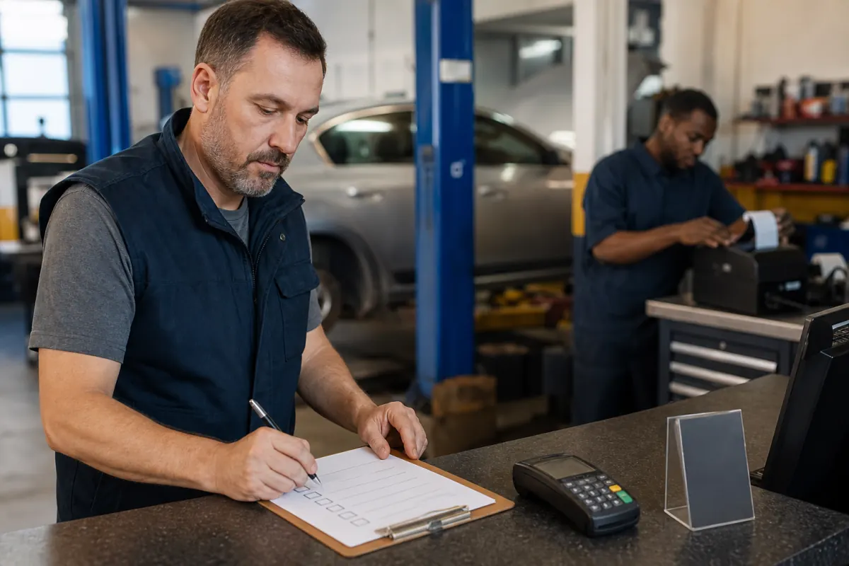 Auto repair shop owner testing a terminal and completing a launch checklist