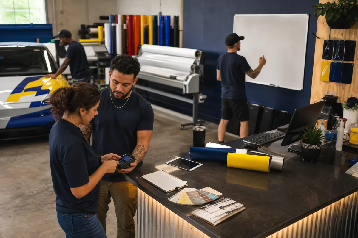 Vehicle wrap crew testing a payment terminal before opening the shop