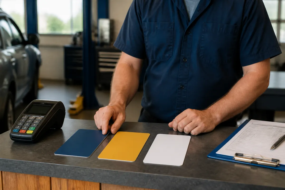 Auto repair shop owner comparing three payment options beside a terminal and repair order