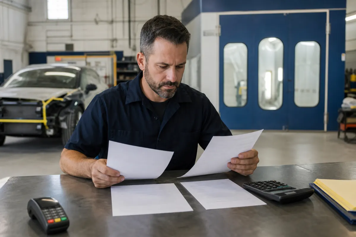 Collision shop owner comparing three processing proposals beside a calculator