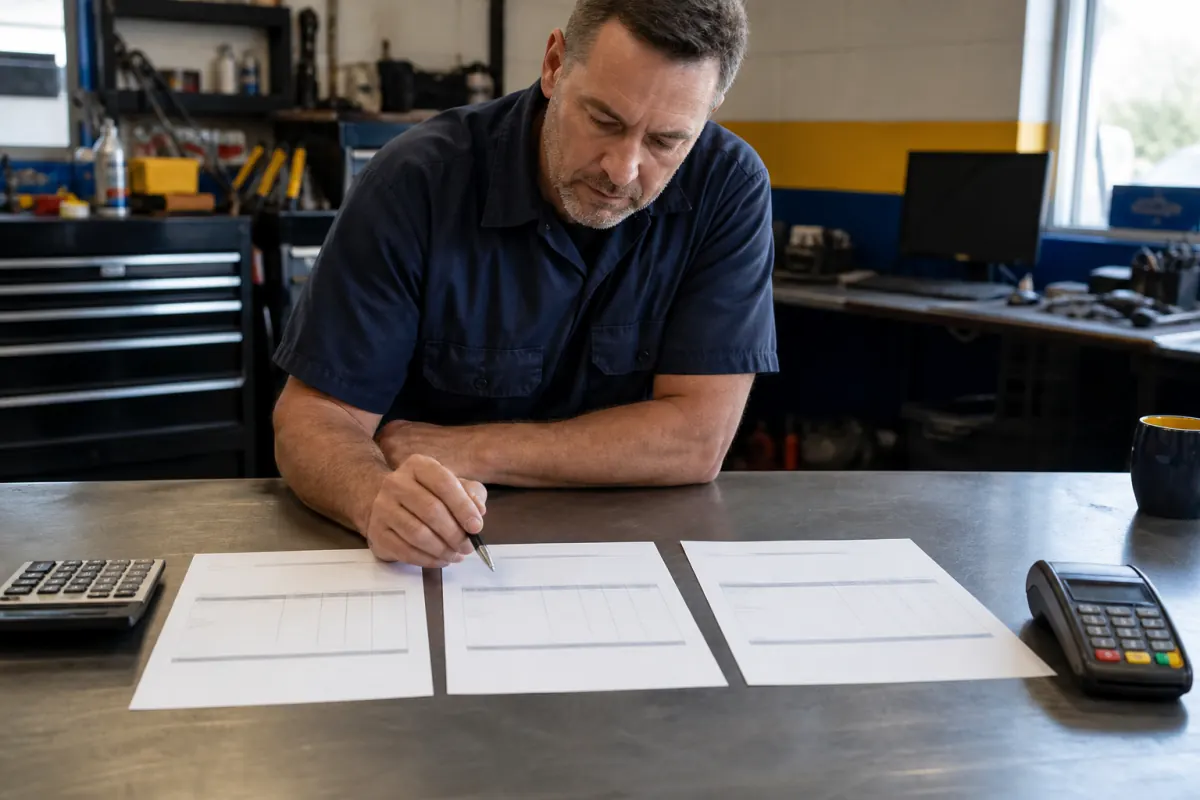 Shop owner comparing three merchant pricing statements on a steel worktable