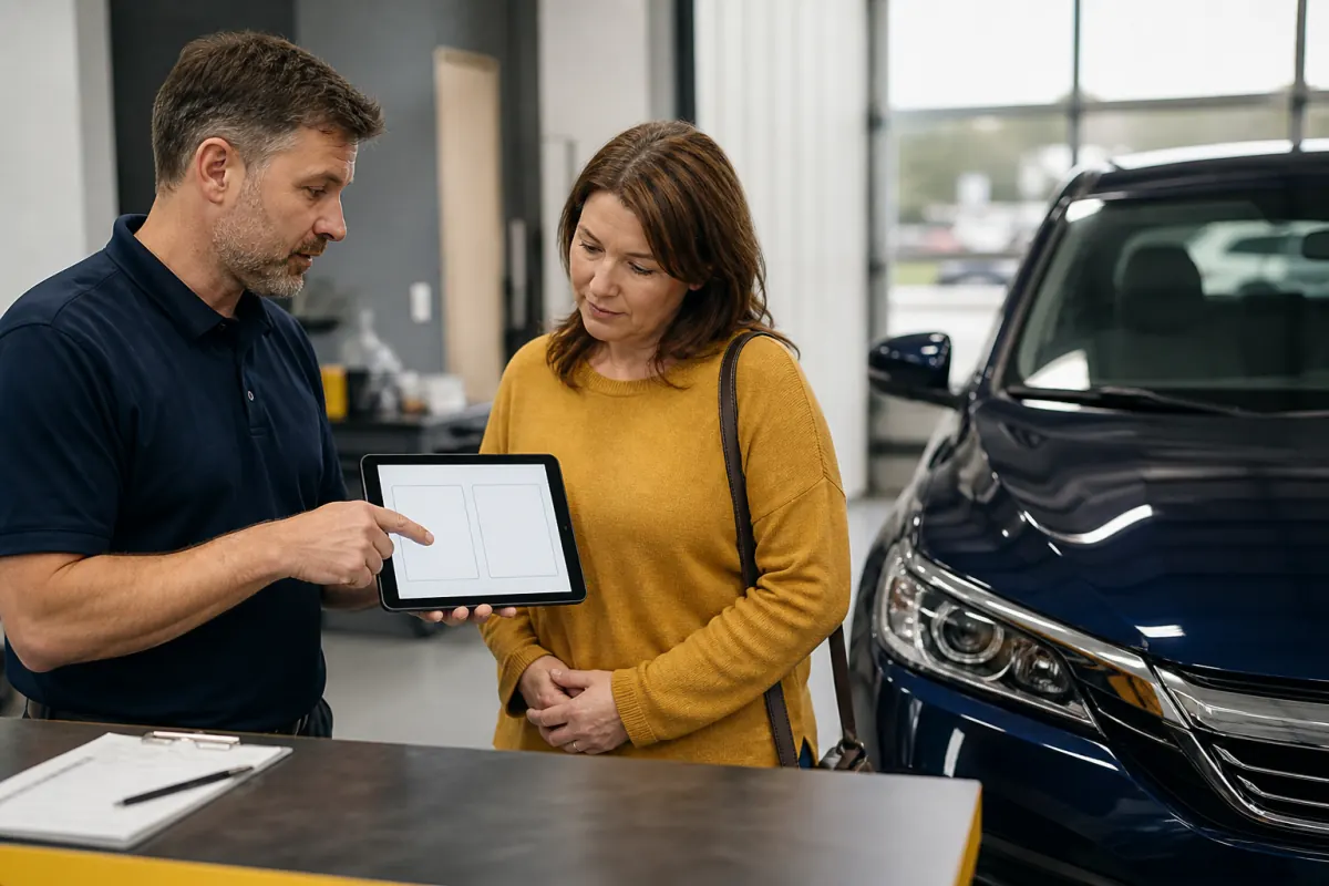 Auto body estimator explaining two price choices to a customer at vehicle delivery