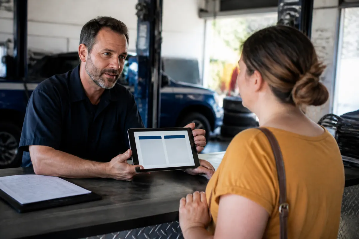 Service advisor explaining two price options to a customer at an independent repair shop