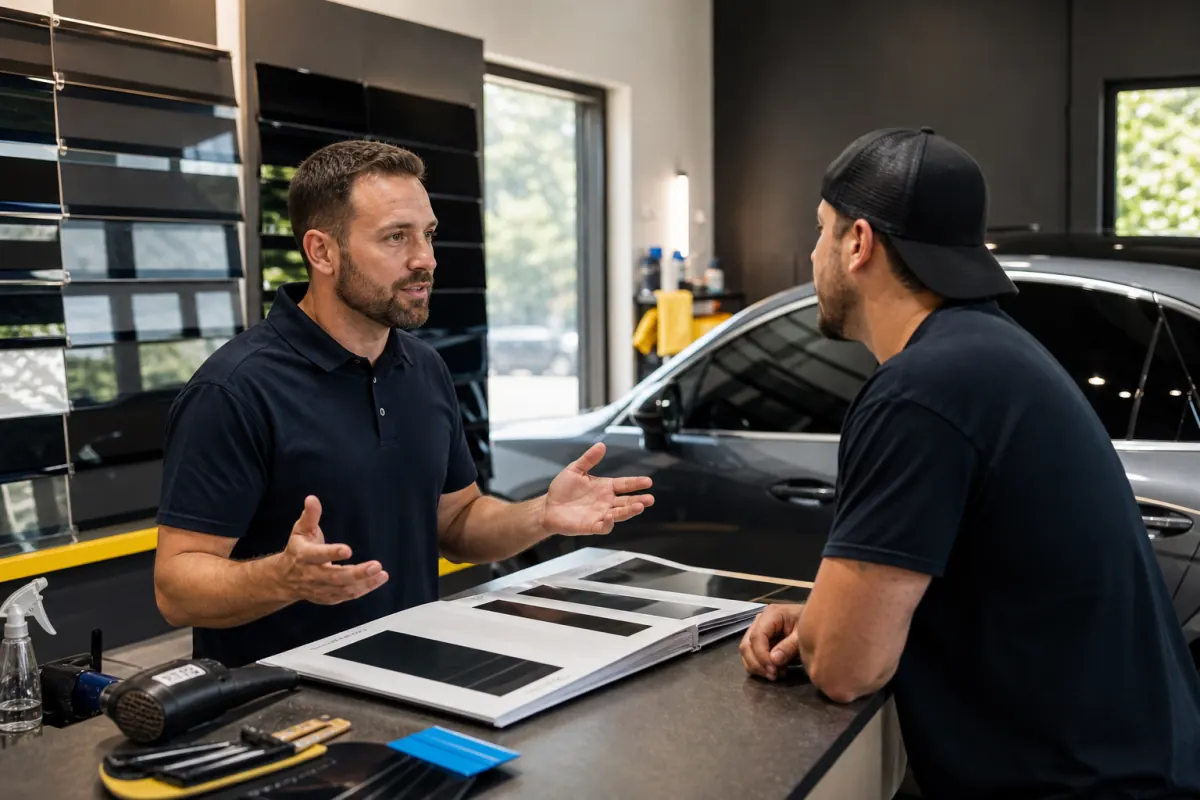 Tint shop owner explaining two price options beside film samples and a finished car