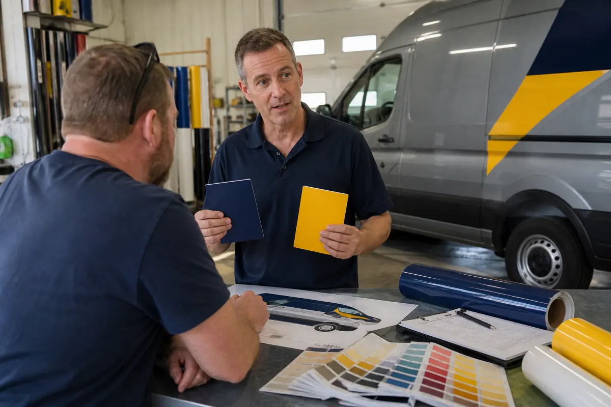 Wrap shop owner explaining two payment choices to a fleet customer