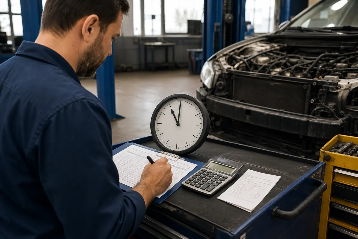 Mechanic comparing labor time and processing cost beside an engine repair