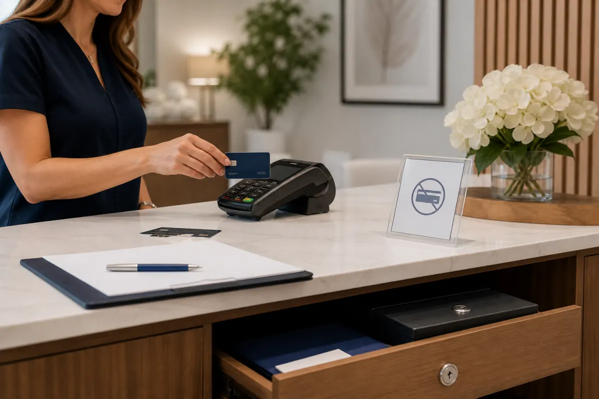 Secure medical spa terminal, locked file drawer, and stored-payment authorization