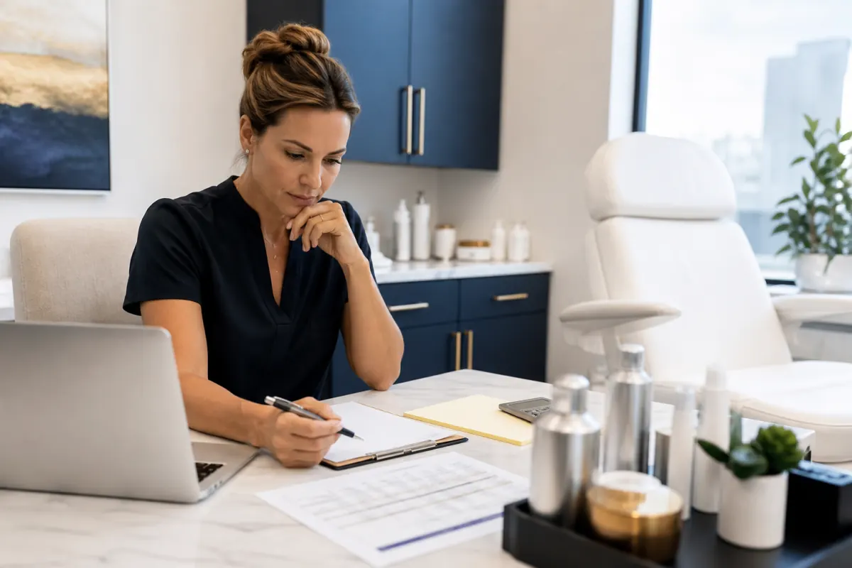 Medical spa owner comparing treatment supplies, room time, and processing cost