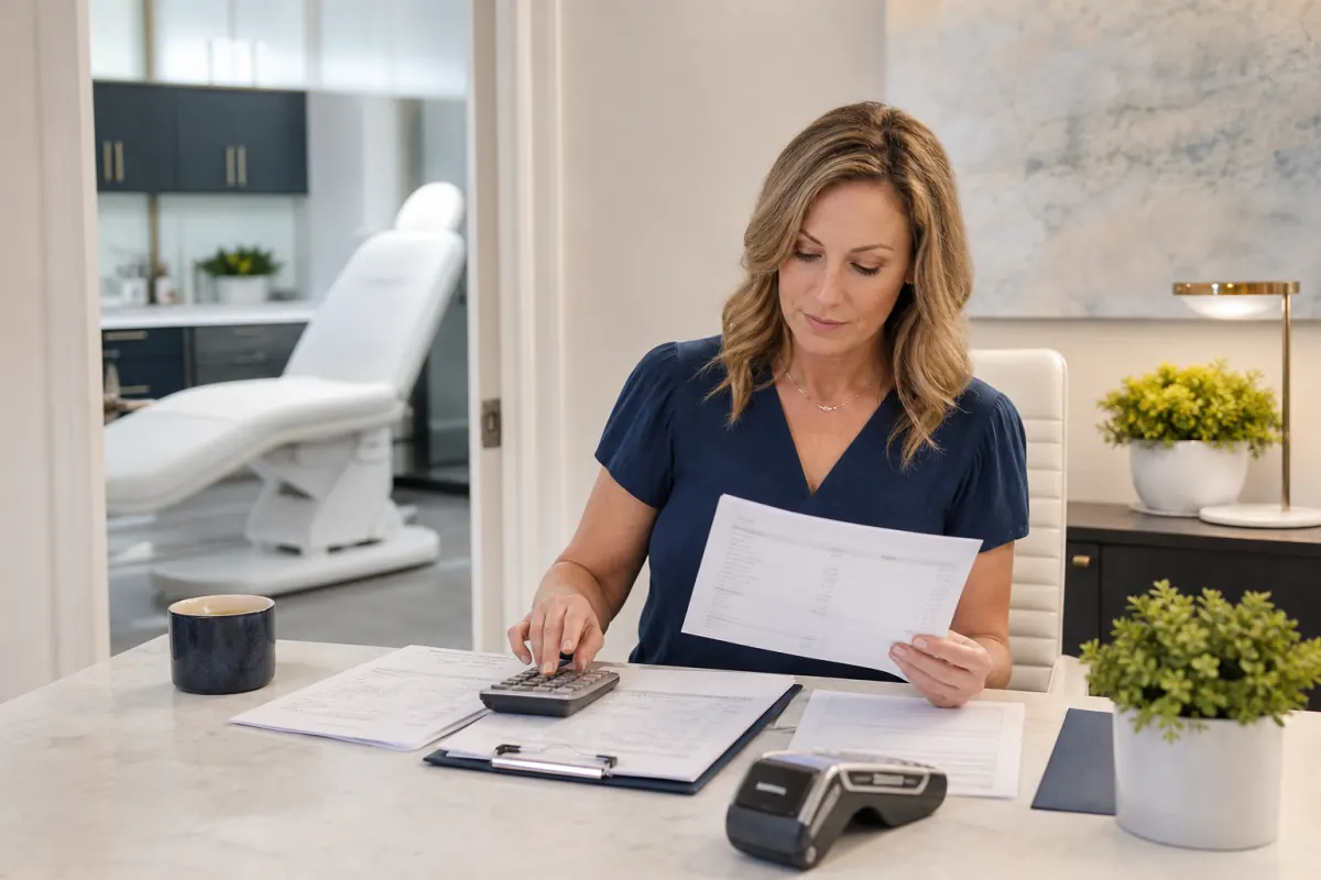 Medical spa owner auditing a merchant statement at a private administrative desk
