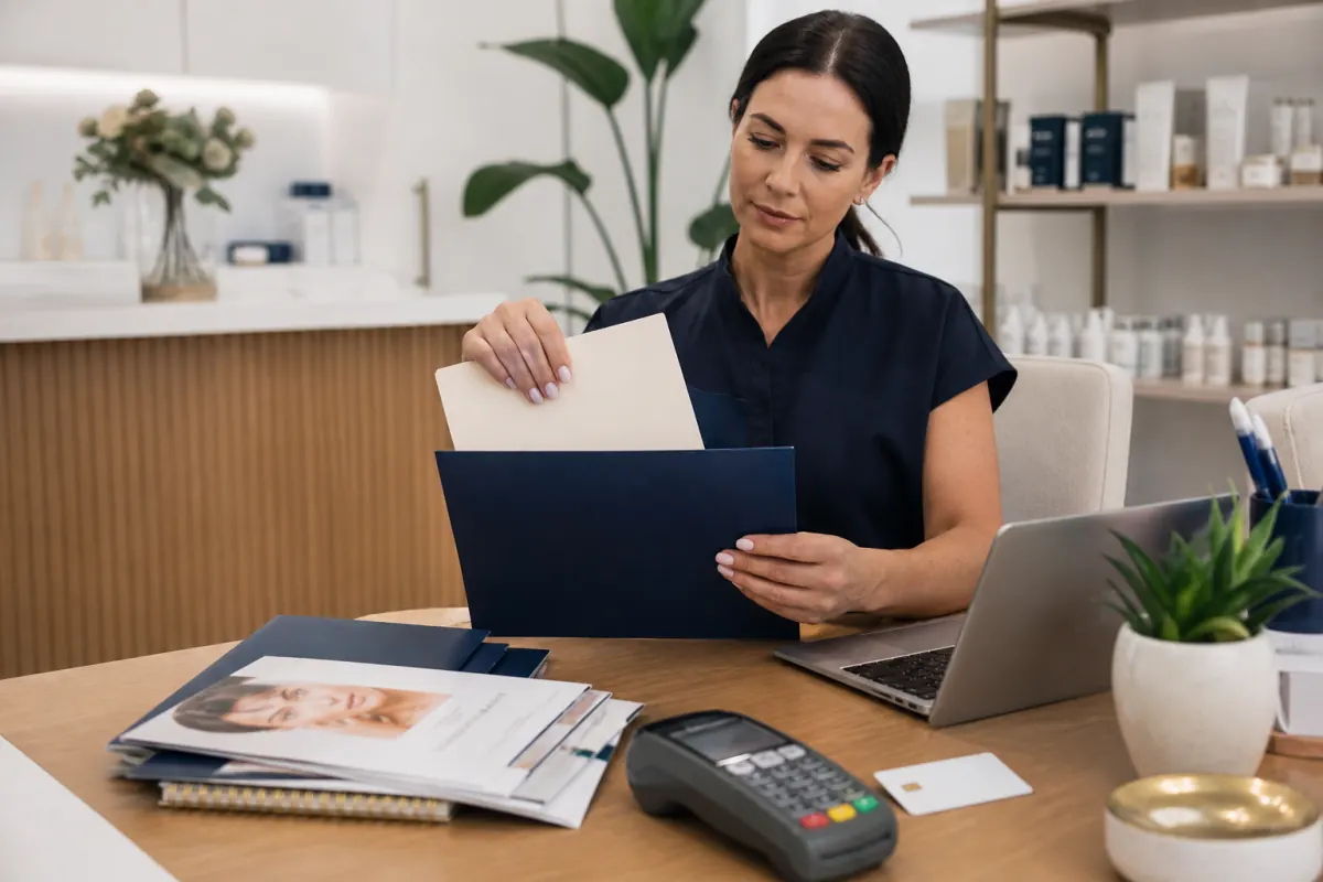 Medical spa administrator separating benefit-card records from cosmetic package materials