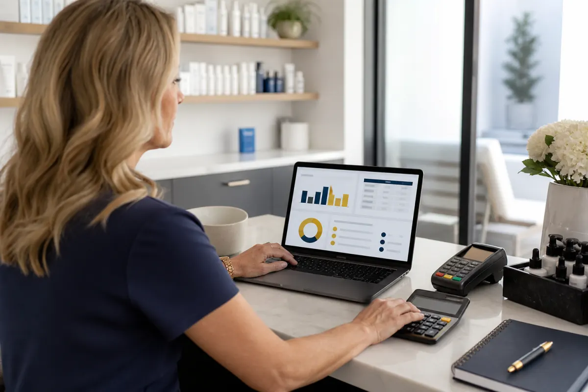 Medical spa administrator reviewing anonymous membership charges, declines, and processing cost