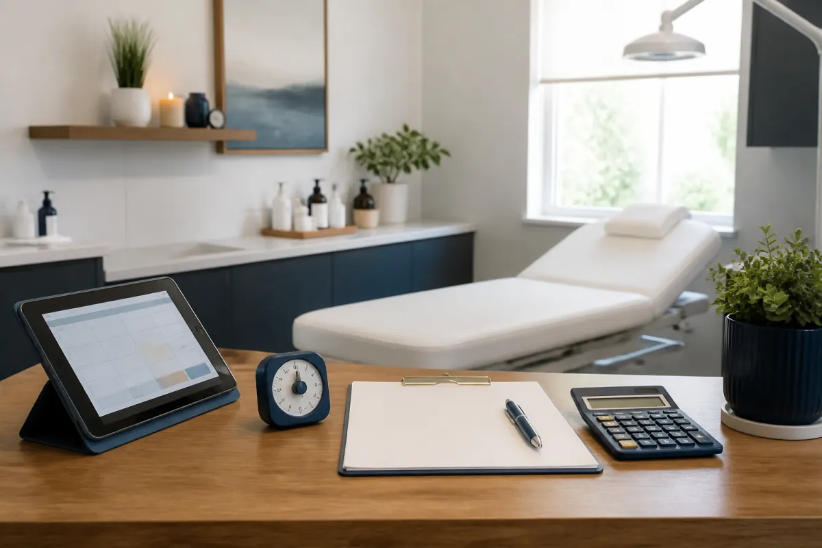 Empty reserved medical spa treatment room with booking tablet and deposit calculator