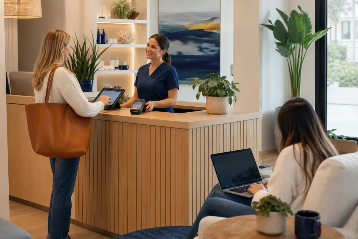 Medical spa booking, reception terminal, and online checkout touchpoints
