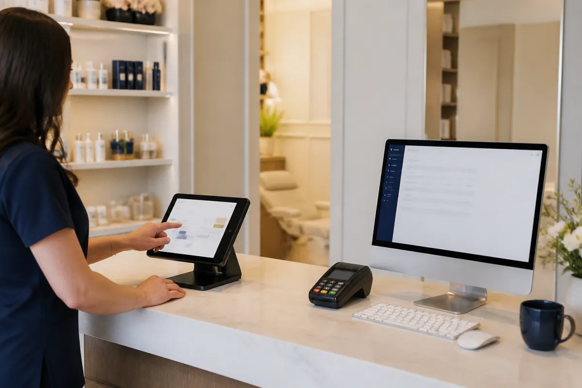 Medical spa booking tablet, payment terminal, and clinical record screen at reception