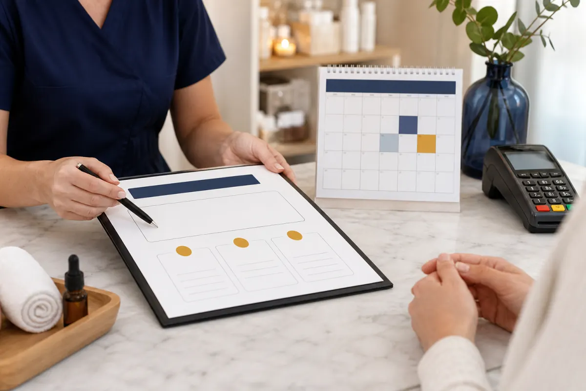 Treatment package plan, deposit milestones, appointment calendar, and payment terminal