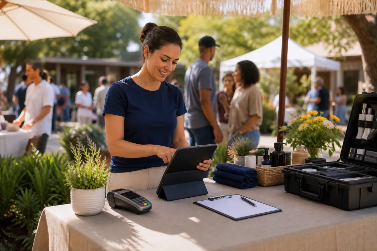 Portable wellness event table with booking tablet, terminal, supplies, and checklist