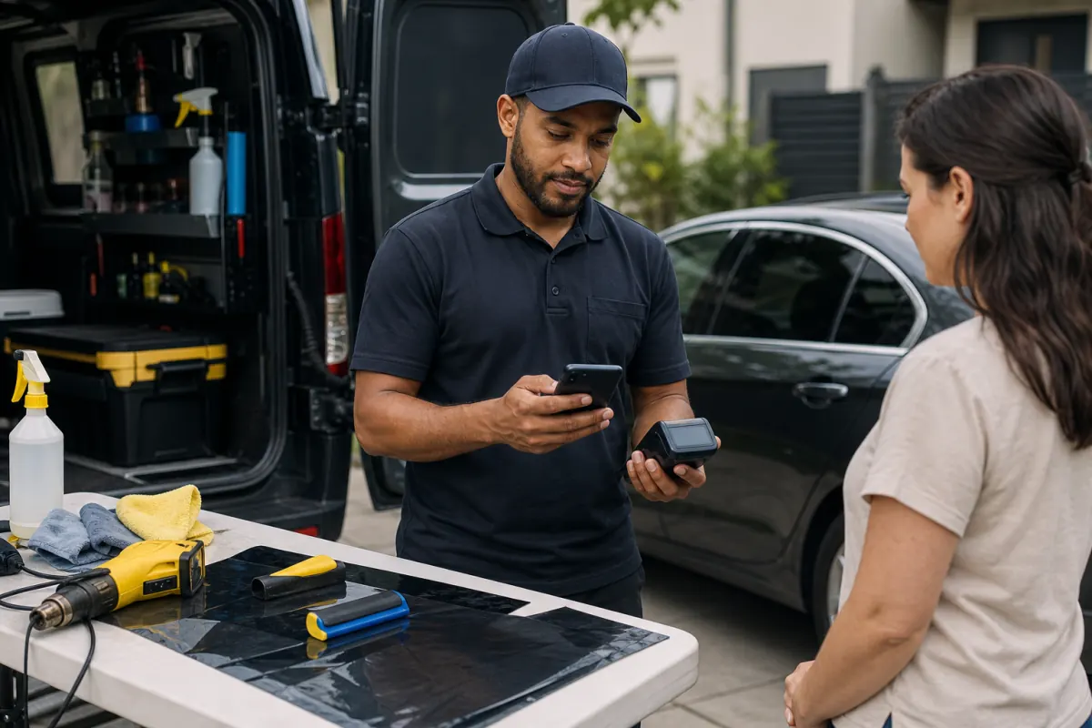 Mobile tint installer using a phone and portable terminal beside a work van