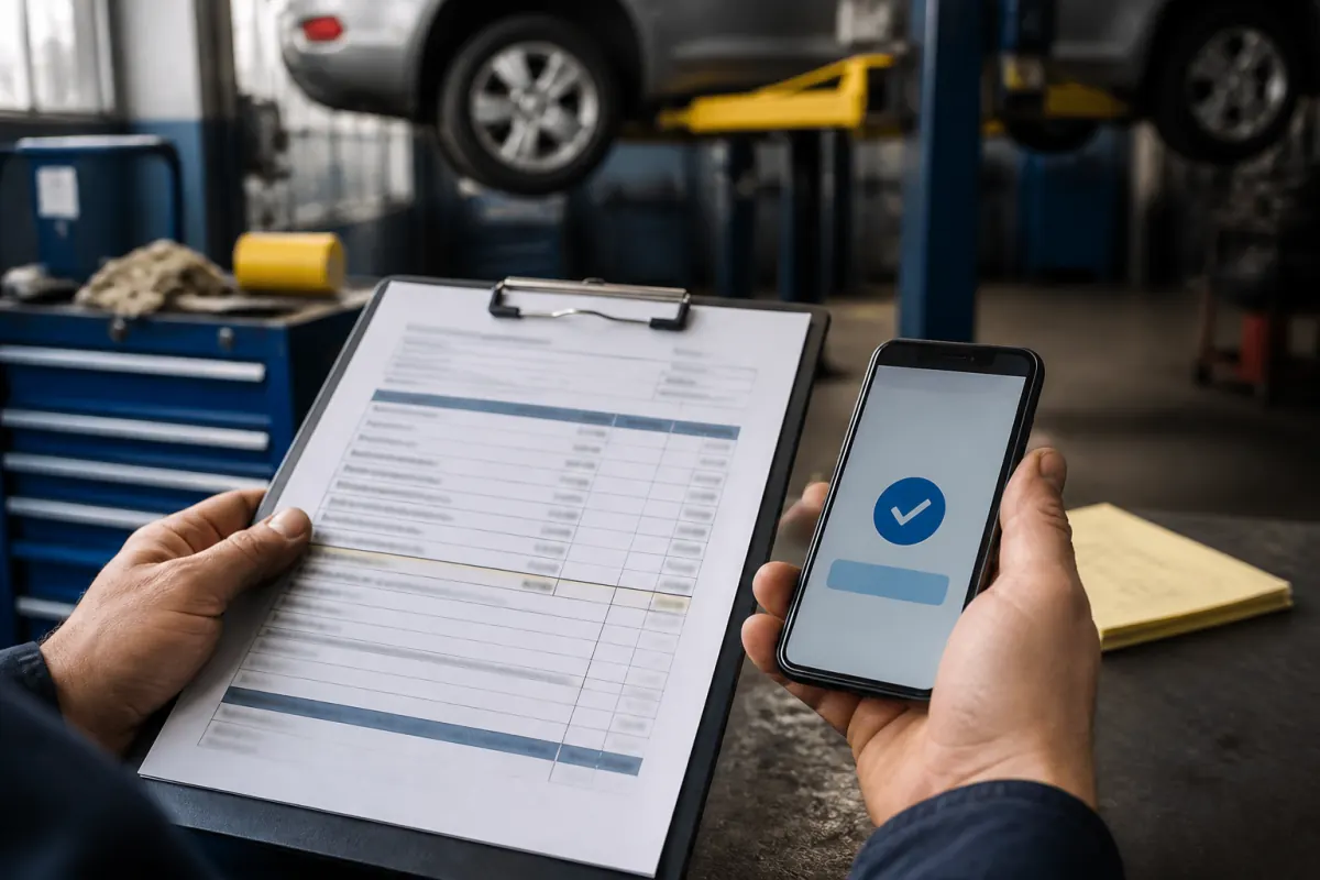 Smartphone payment confirmation beside a large repair estimate and vehicle service bay