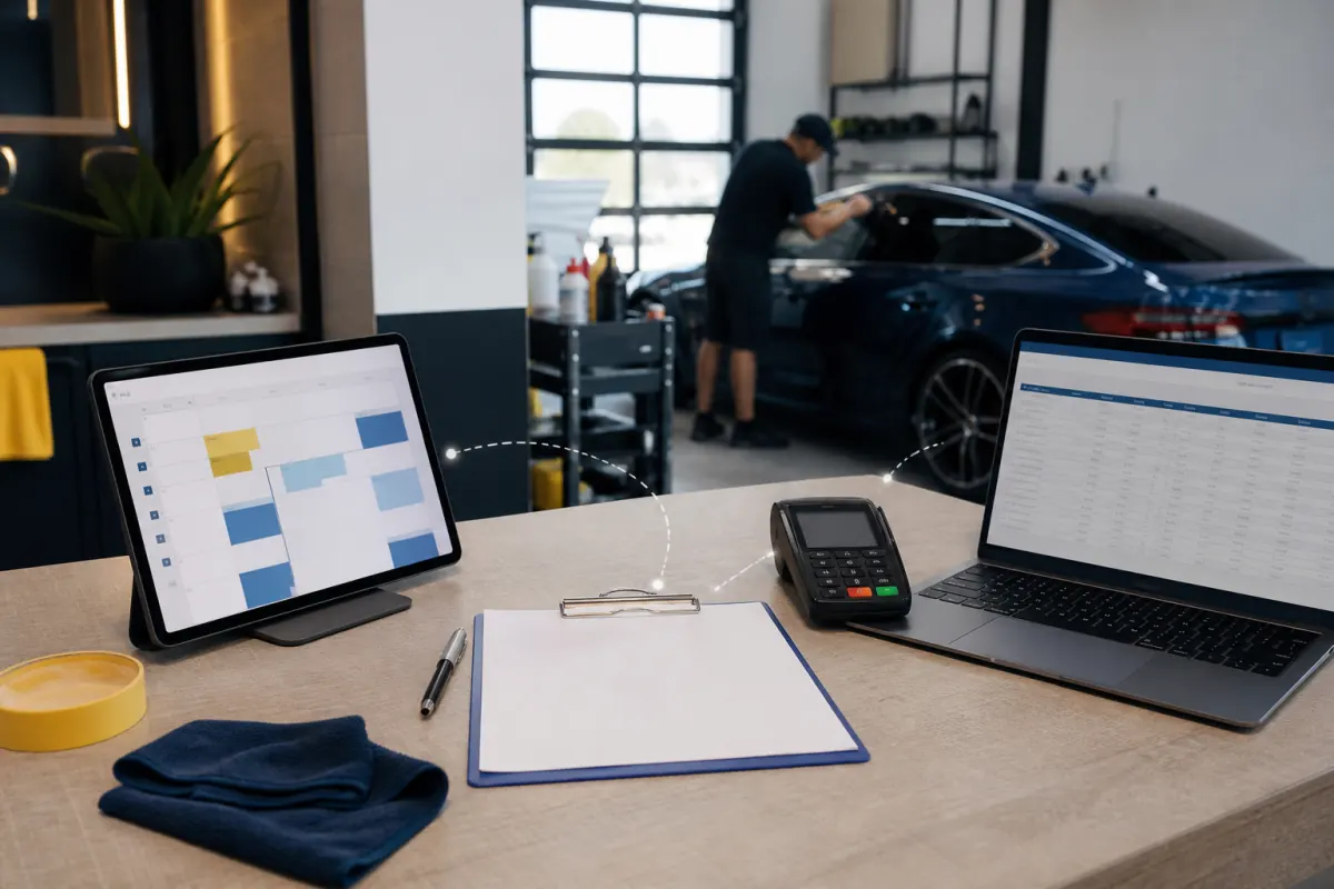 Tint booking tablet, payment terminal, and accounting laptop sharing one appointment