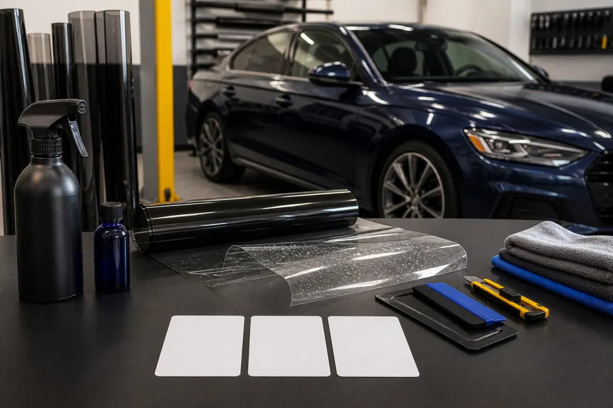 Tint film, paint protection film, coating supplies, and payment milestone cards