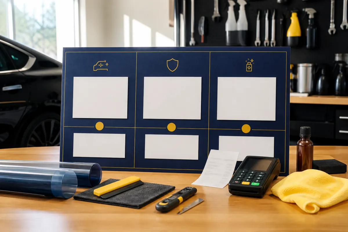 Tint, PPF, and coating package milestones beside deposit and balance records