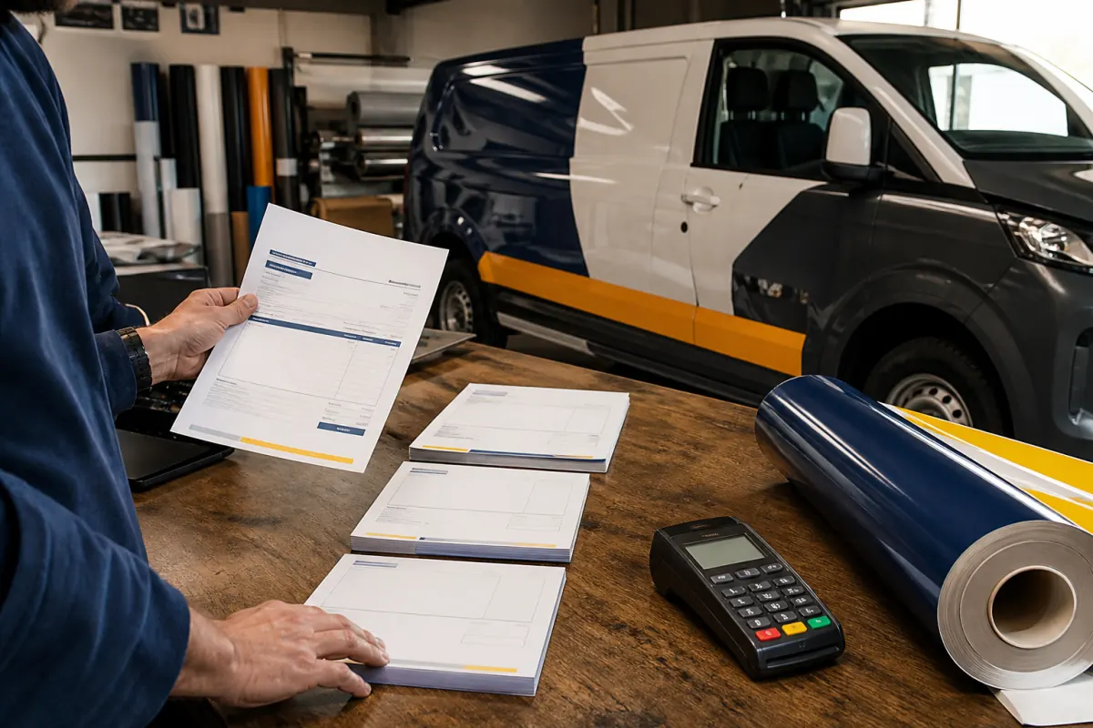 Large vehicle wrap estimates, payment terminal, vinyl roll, and commercial van