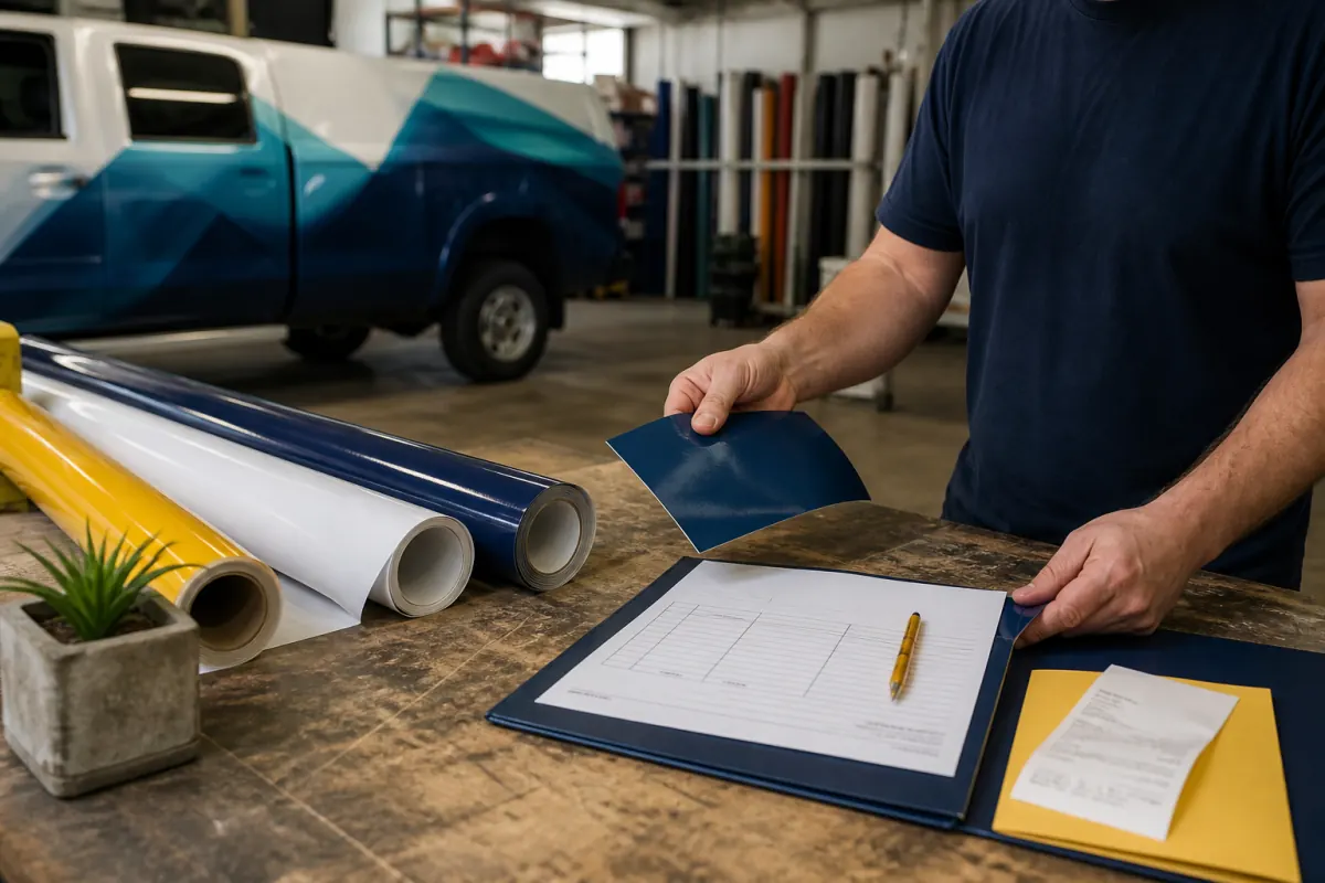 Printed vinyl, cancellation worksheet, refund receipt, and project folder