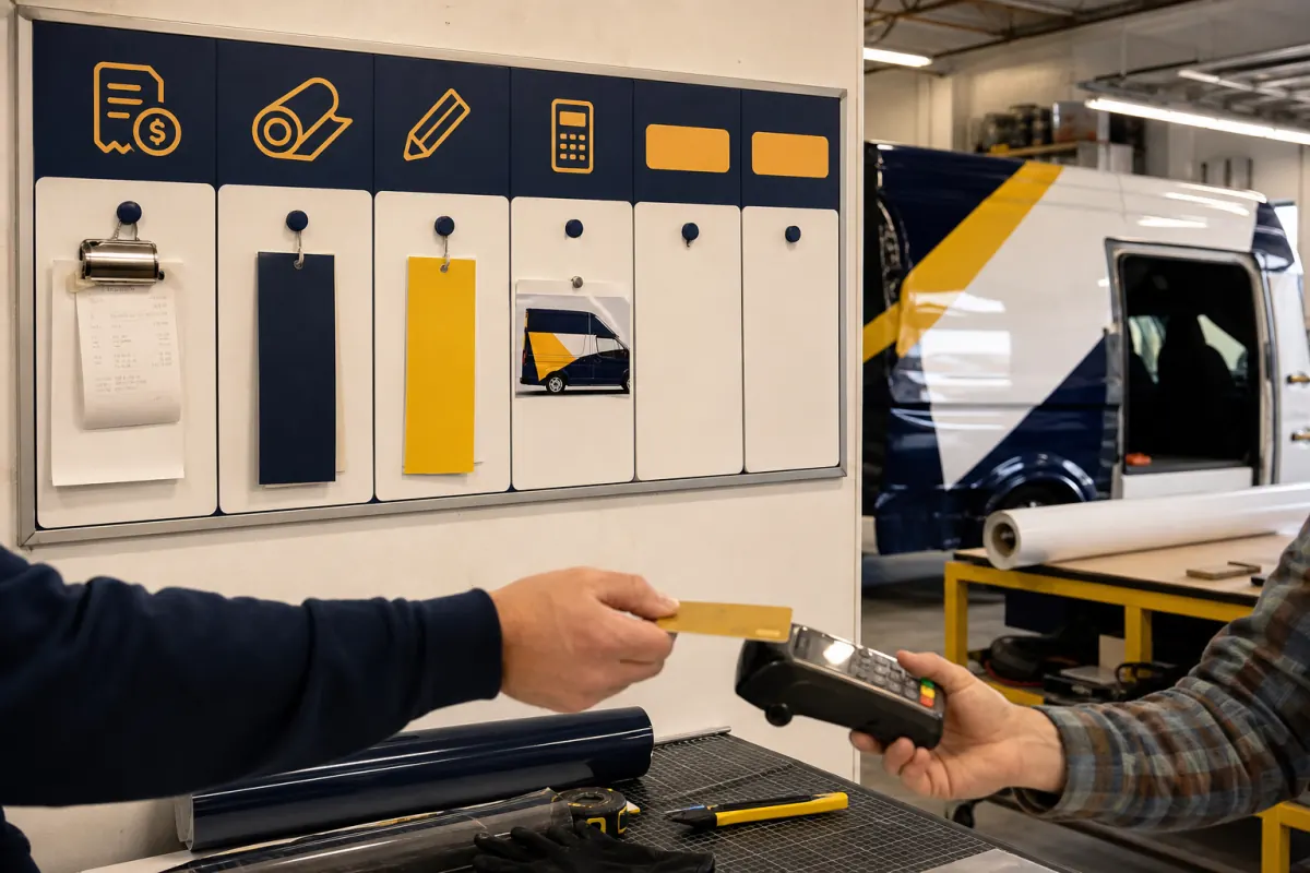 Vehicle wrap production calendar with deposit and milestone payment records