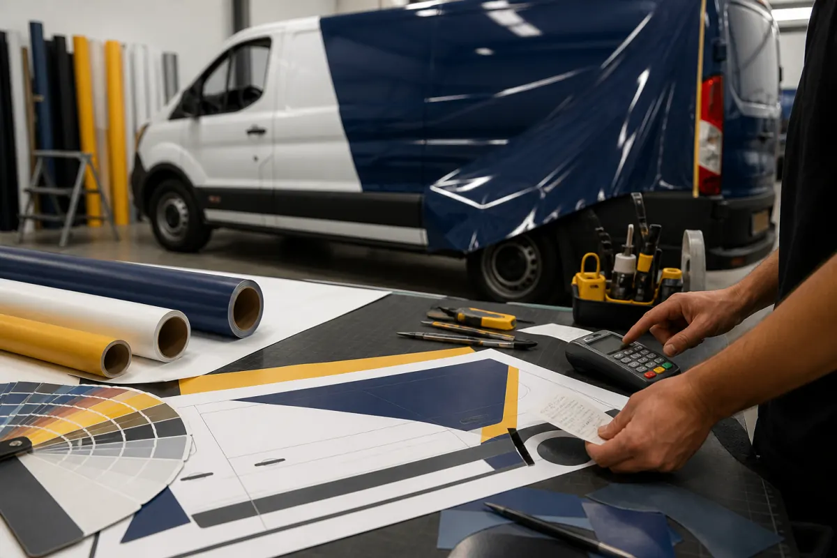 Vinyl rolls, design proof, deposit receipt, and terminal inside a vehicle wrap studio