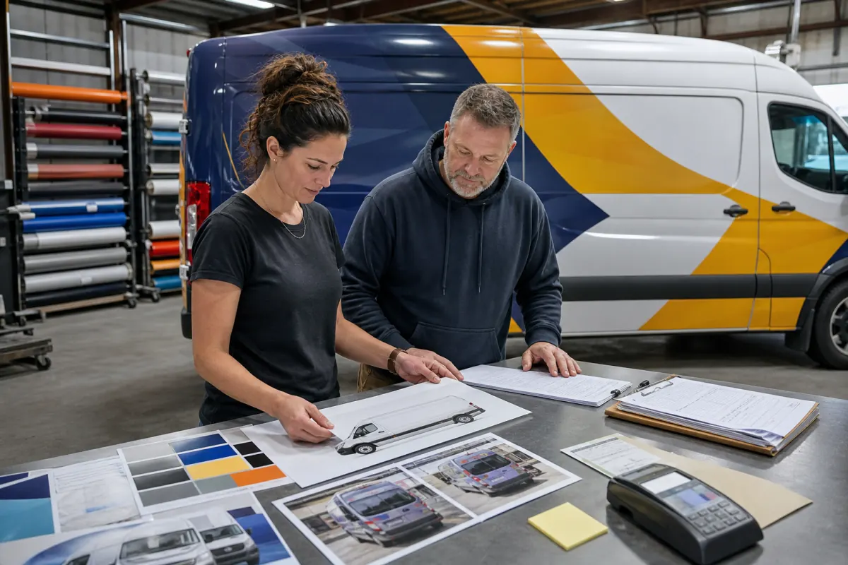 Vehicle wrap proof, color swatches, approval pages, project photos, and payment receipt