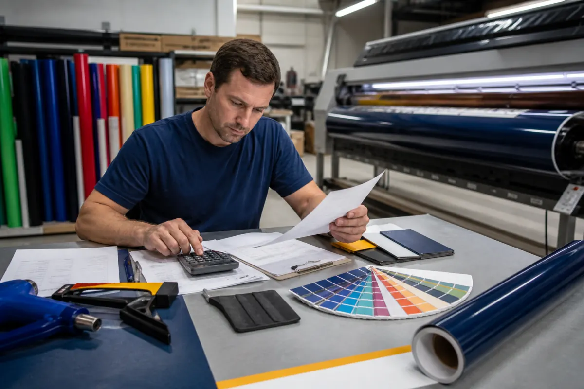 Wrap shop owner auditing merchant fees beside vinyl production tools