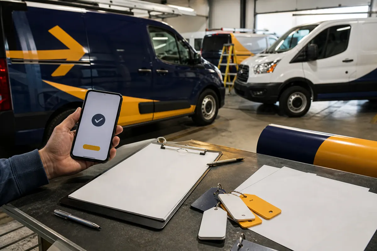 Phone payment confirmation beside fleet invoices and wrapped work vans