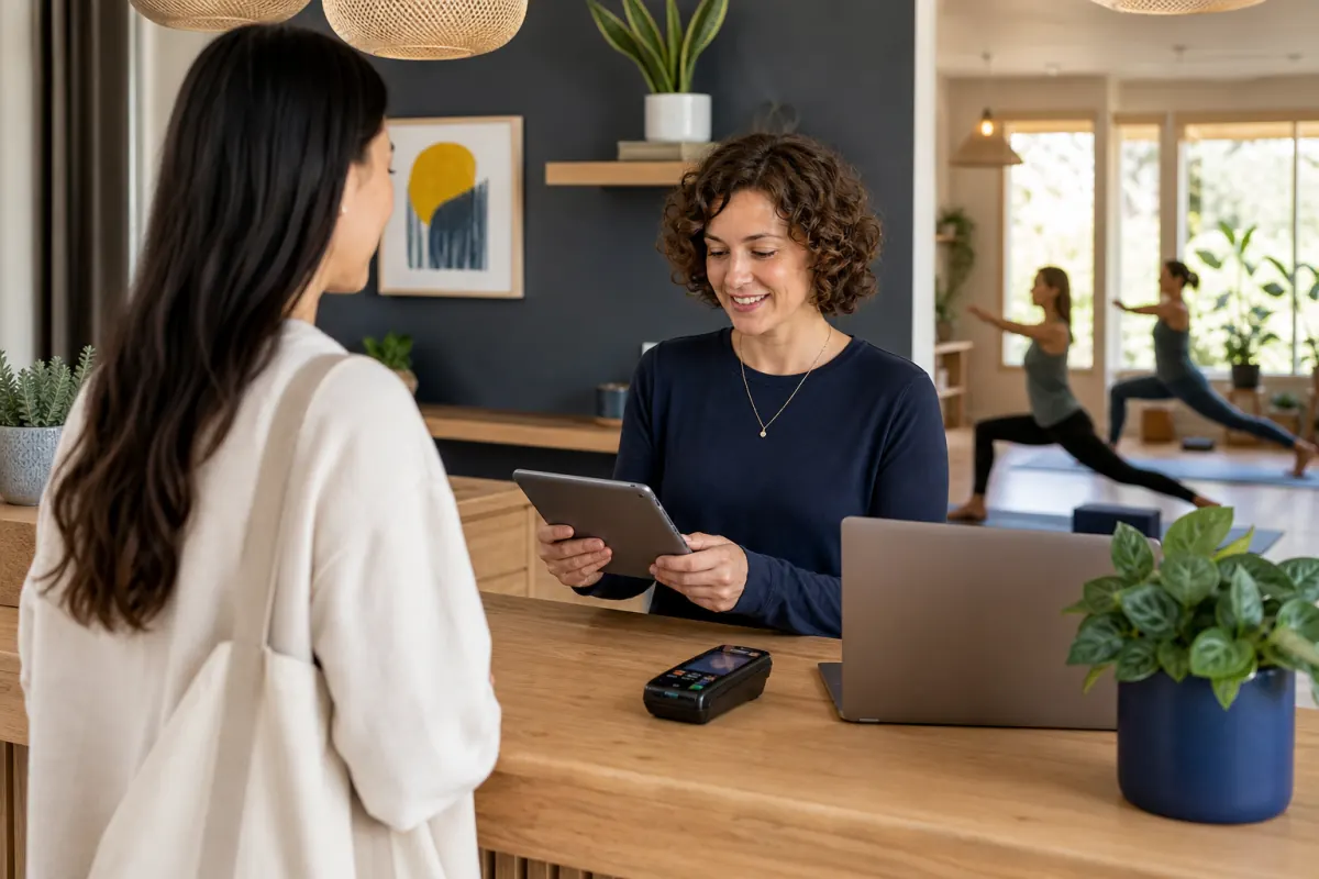 Wellness booking tablet, payment terminal, and membership laptop at reception
