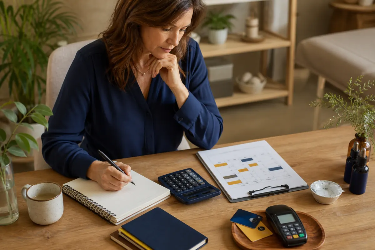 Wellness owner comparing session time, supplies, and card costs