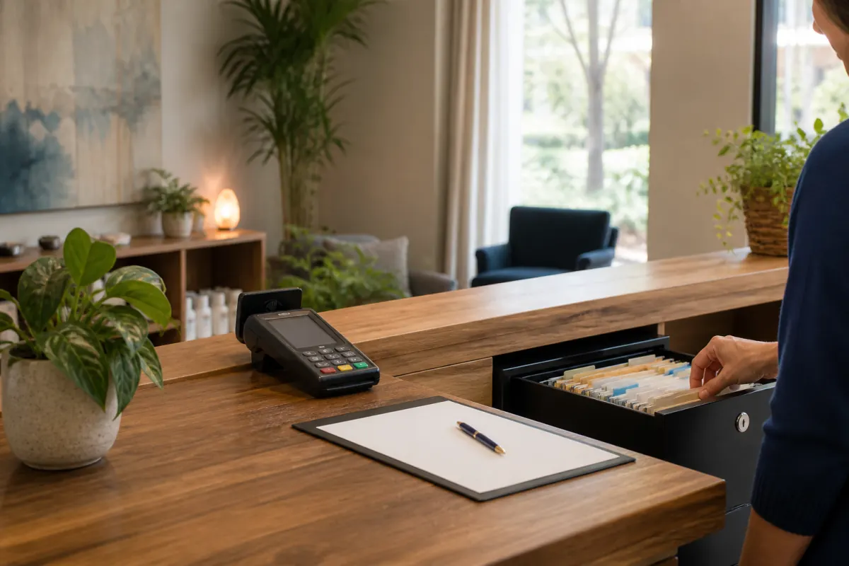 Secure wellness reception terminal, locked records, and stored-payment authorization