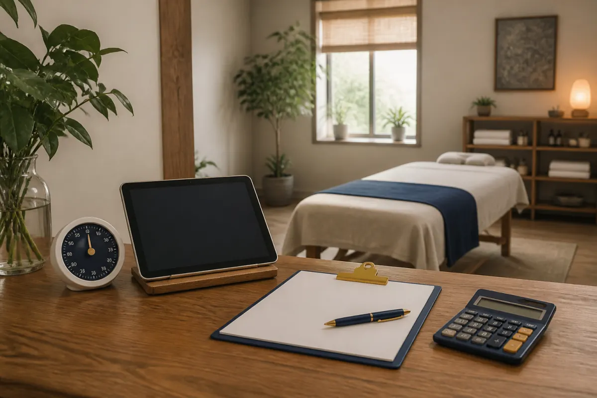 Empty reserved wellness room with timer, booking tablet, and cancellation calculator