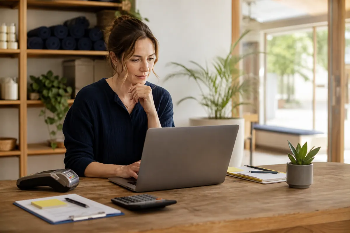 Wellness administrator reviewing anonymous membership billing and payment declines